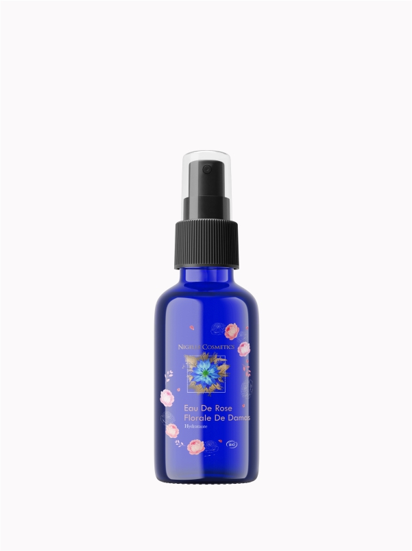 100 ml blue spray bottle of Damask floral rosewater on a white background.