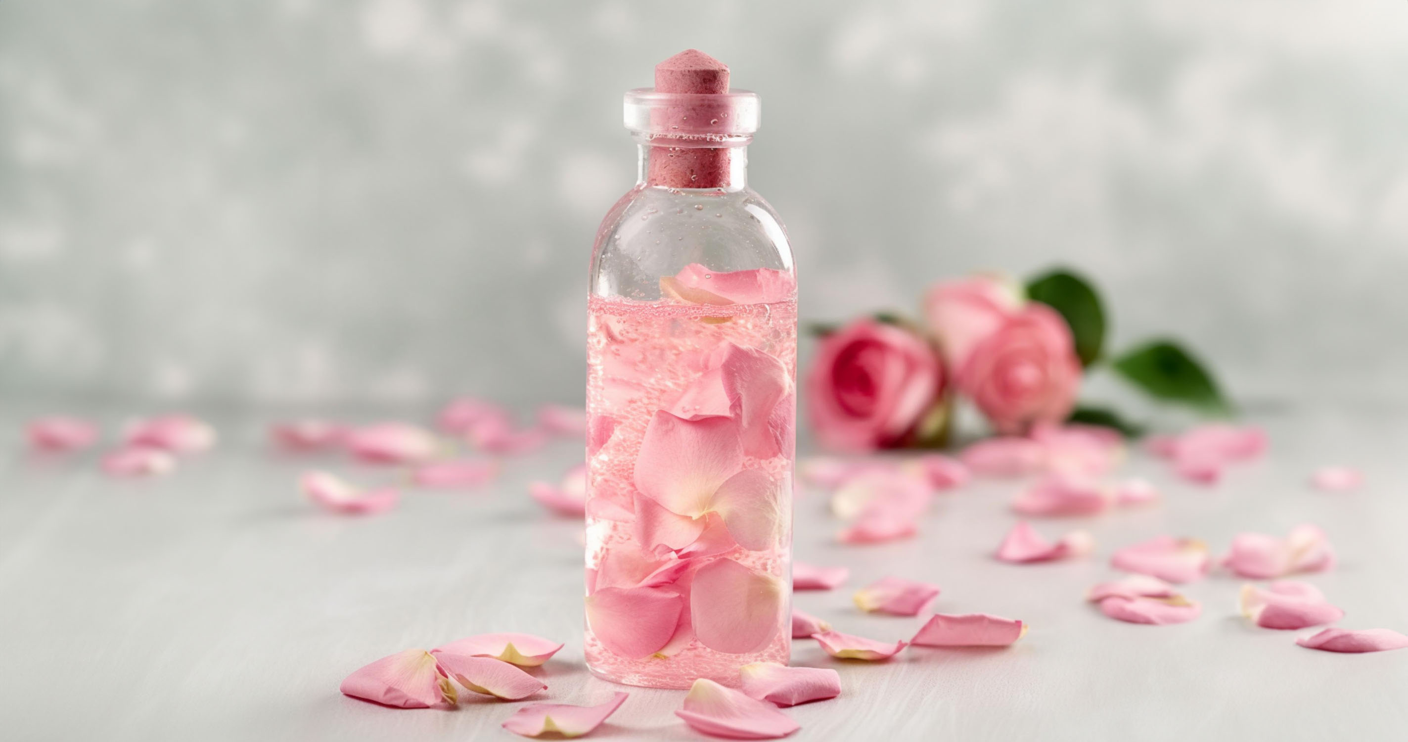 Transparent bottle of natural rosewater with fresh rose petals.