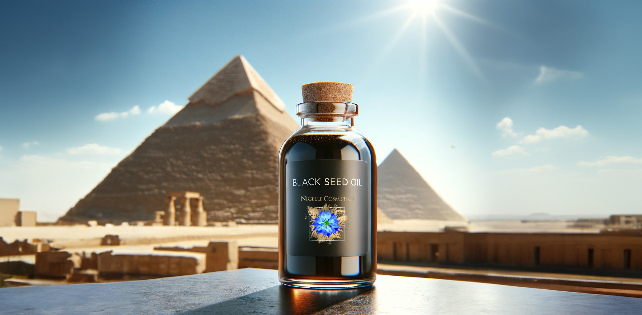Bouteille d'huile de nigelle de Nigelle Cosmetics posée sur une surface en bois avec les pyramides d'Égypte en arrière-plan sous un ciel ensoleillé.