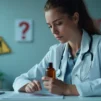 Femme inquiète examinant une bouteille d'huile de nigelle avec des symboles de question.