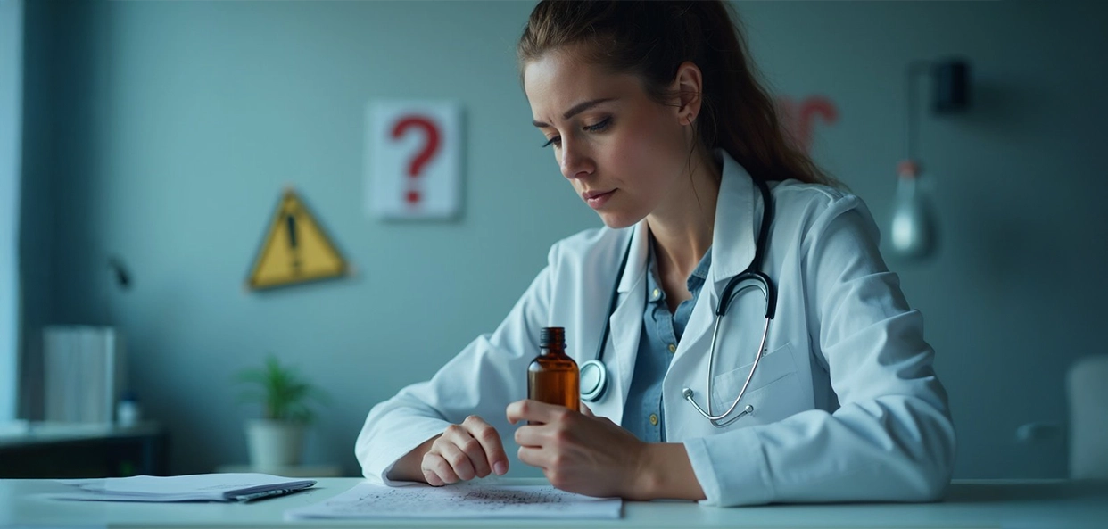 Femme inquiète examinant une bouteille d'huile de nigelle avec des symboles de question.