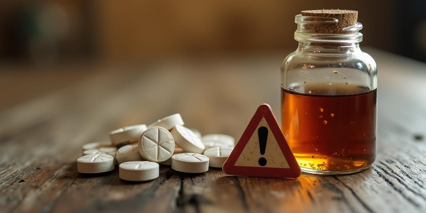 Pilules anticoagulantes à côté d'un flacon d'huile de nigelle barré d'un symbole d'avertissement