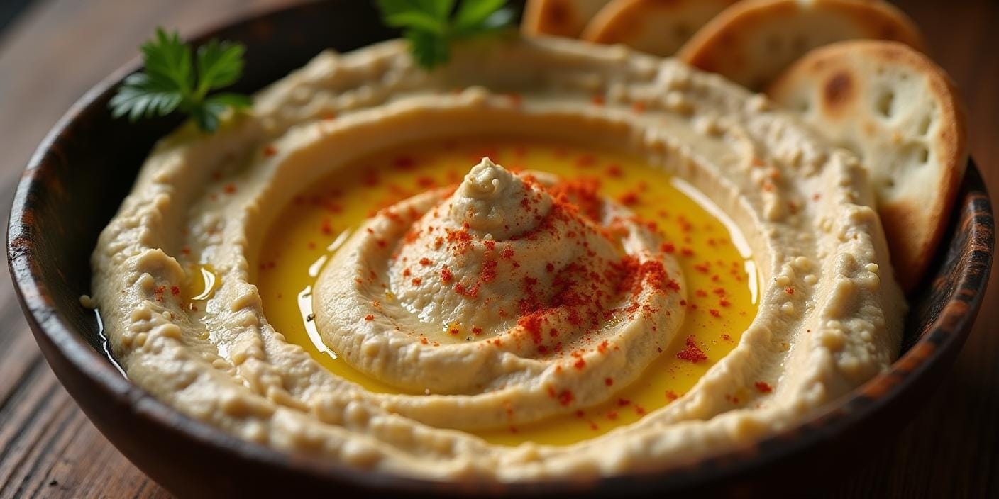 Bol de houmous crémeux avec un filet d'huile de nigelle sur le dessus