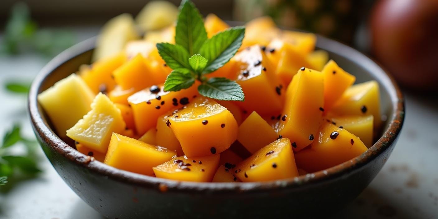 Bol de salade de fruits colorée avec une touche d'huile de nigelle