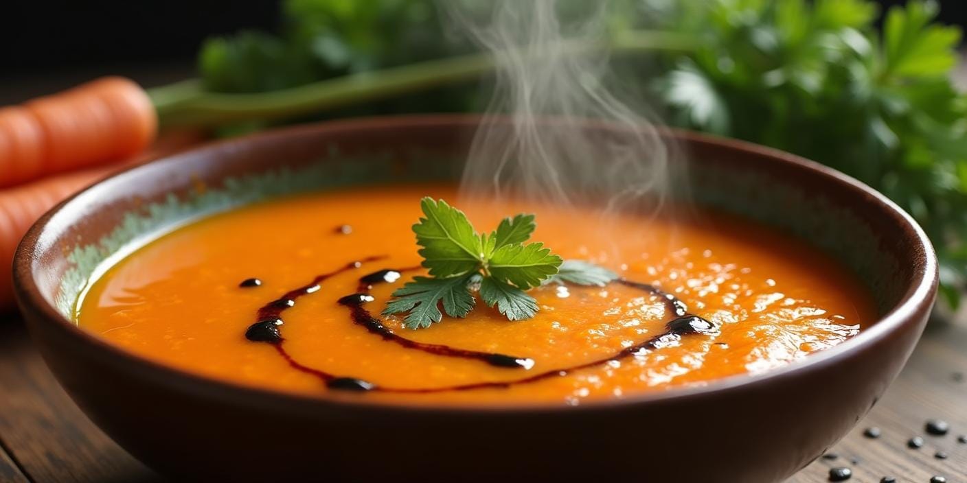 Bol de velouté de carottes avec un tourbillon d'huile de nigelle sur le dessus