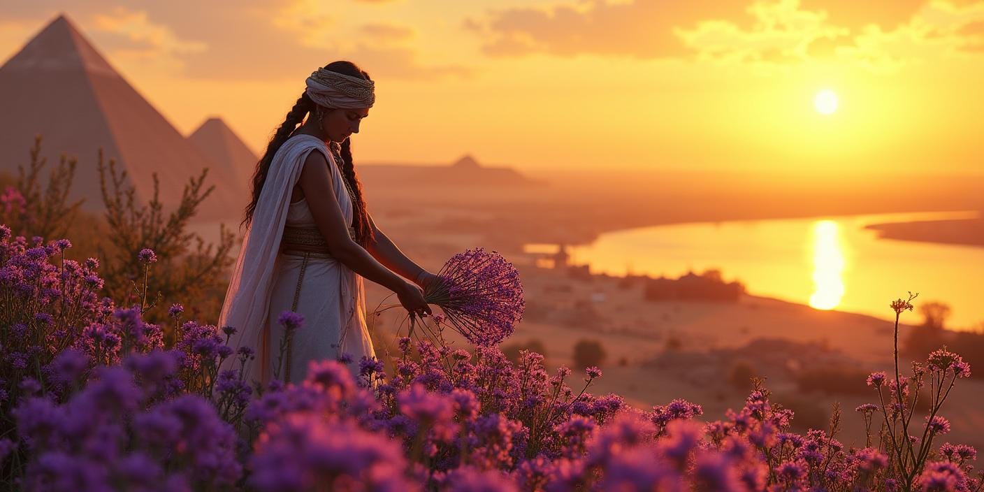 Illustration d'Égyptiens anciens récoltant des plantes de Nigella sativa le long du Nil sous un coucher de soleil doré