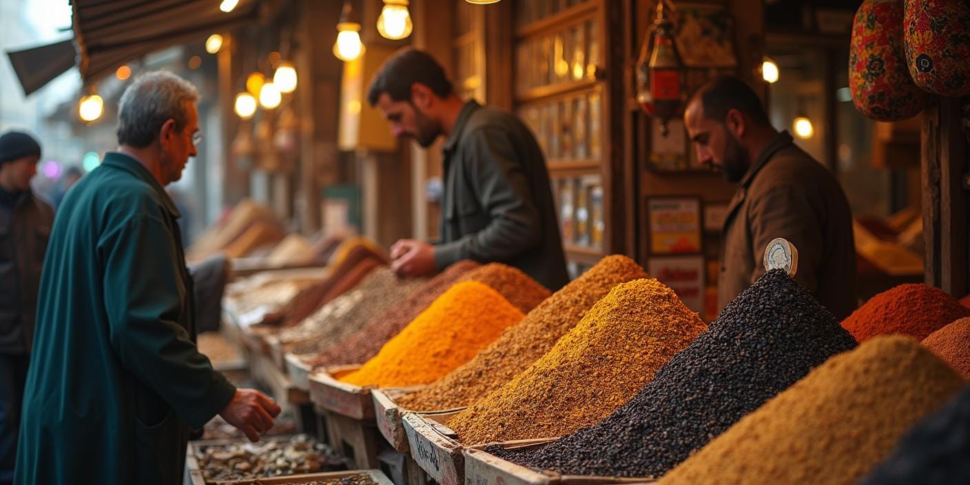 Étale de marché traditionnel au Moyen-Orient avec des épices et des graines de nigelle