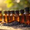 Flacon d'huile de nigelle entouré d'autres huiles essentielles