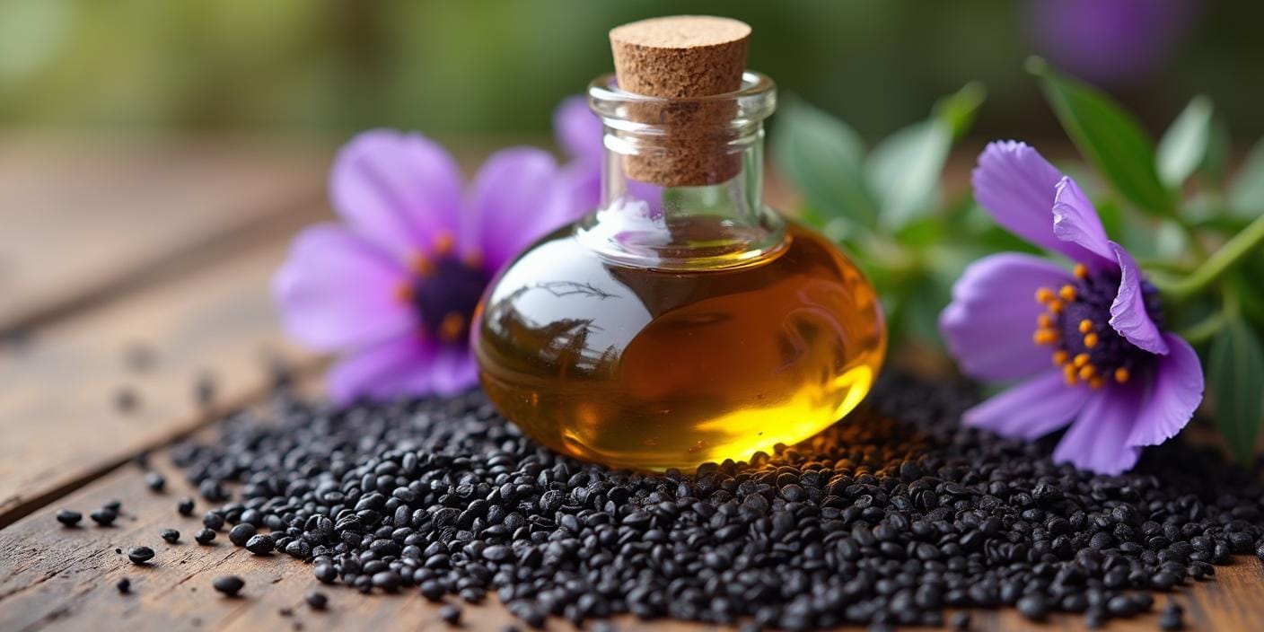 Flacon d'huile de nigelle entouré de graines noires et de fleurs de Nigella sativa