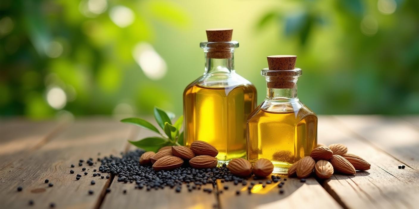 Huile de nigelle et huile d'amande douce avec amandes et graines