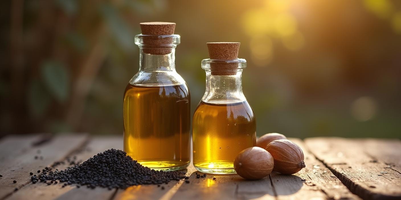 Huile de nigelle et huile d'argan avec graines et noix