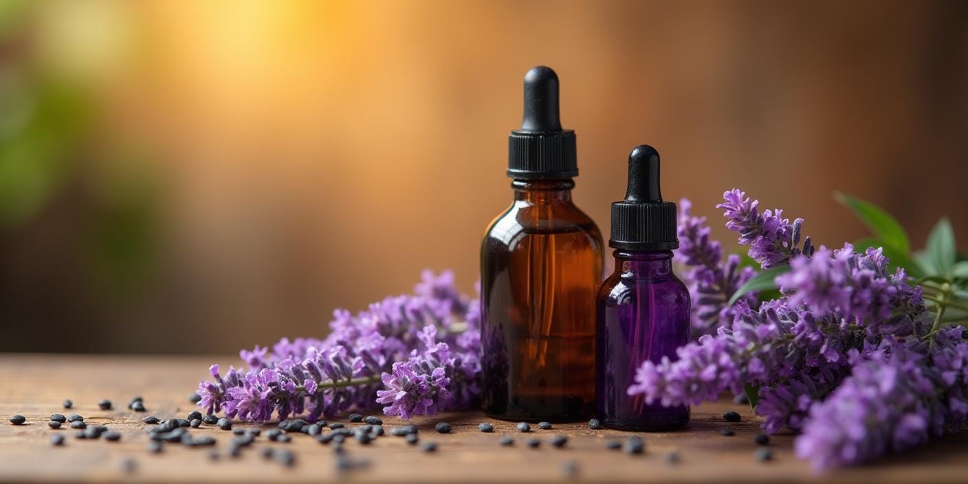 Huile de nigelle et huile de lavande avec fleurs et graines