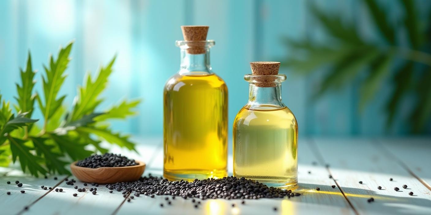 Huile de nigelle et huile de ricin avec graines respectives