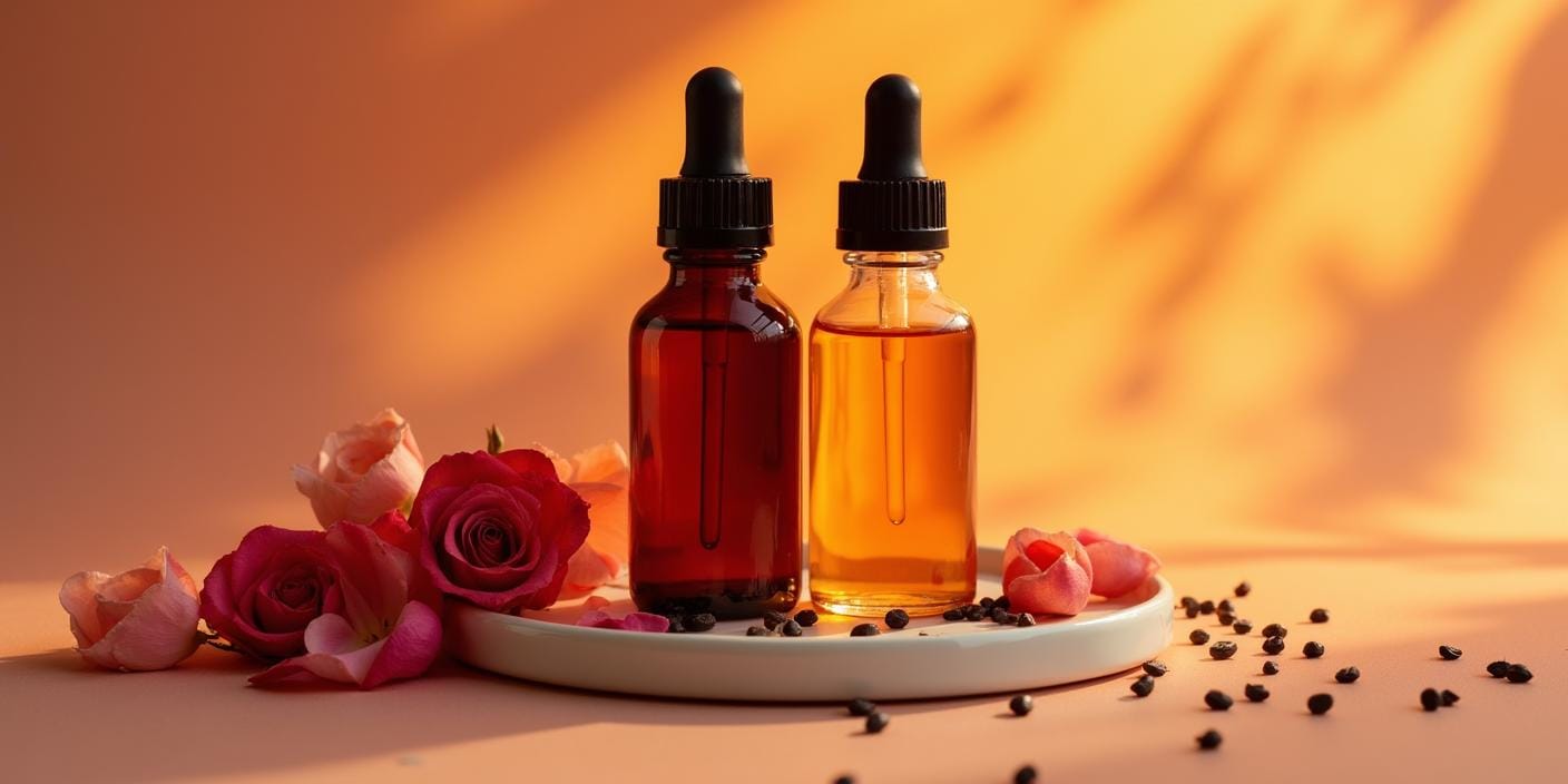 Huile de nigelle et huile de rose musquée avec pétales et graines
