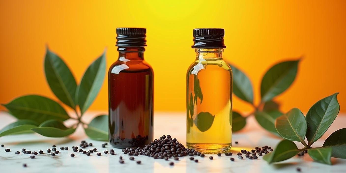 Huile de nigelle et huile de tea tree avec graines et feuilles