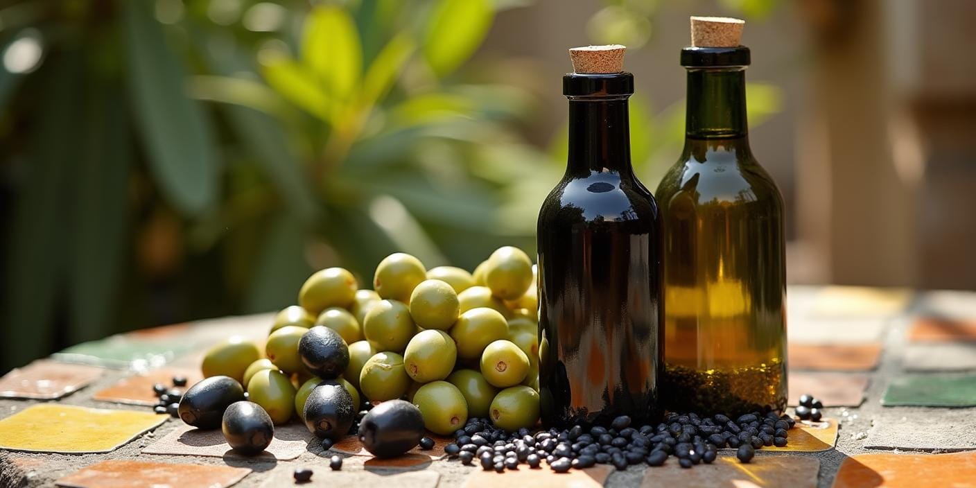 Huile de nigelle et huile d'olive avec olives et graines