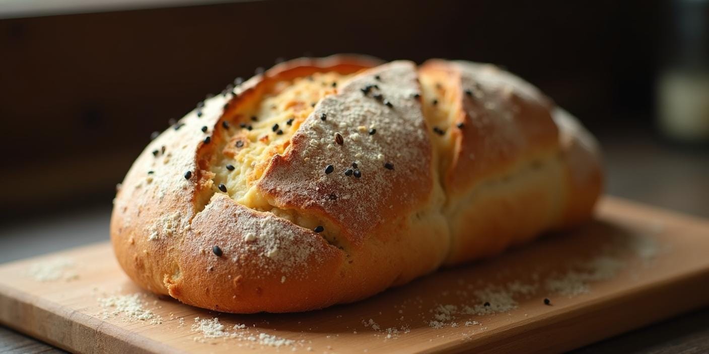 Pain maison doré avec des graines de nigelle visibles sur la croûte