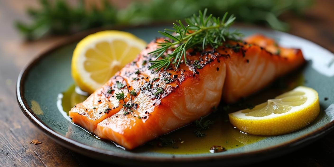 Pavé de saumon grillé avec une garniture d'aneth et un filet d'huile de nigelle