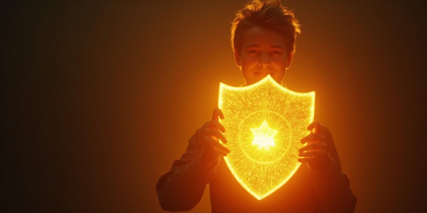 Une personne rayonnante avec un bouclier lumineux symbolisant un système immunitaire fort