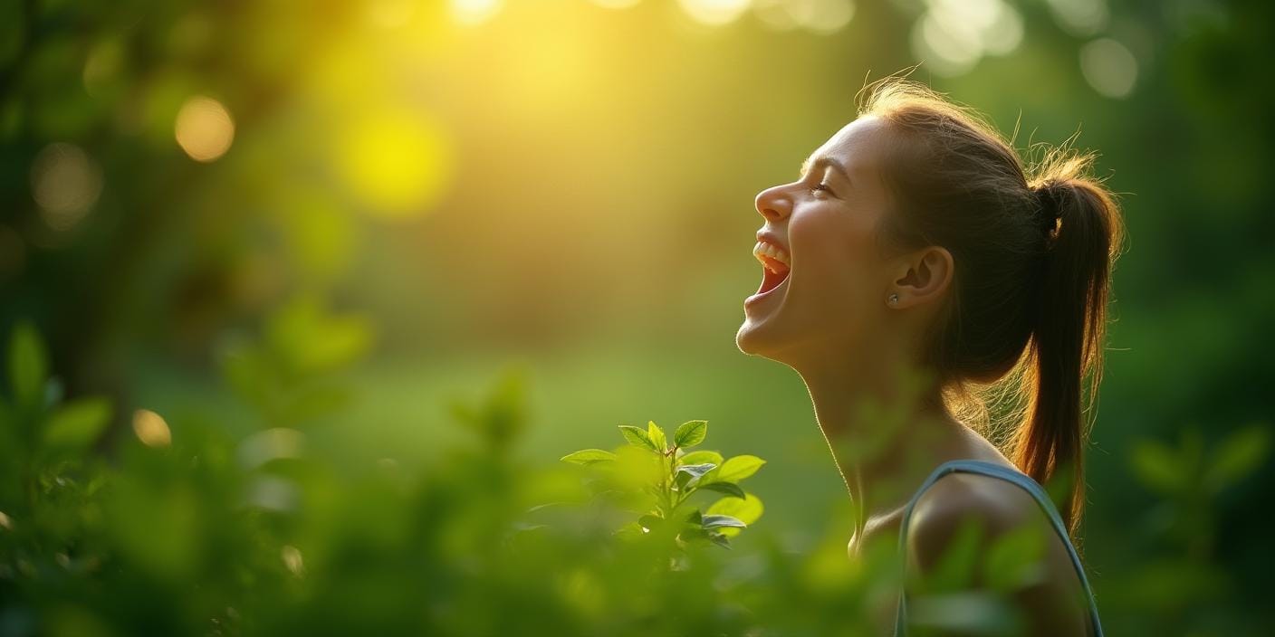Personne respirant profondément dans un environnement naturel, symbolisant une respiration libre et aisée
