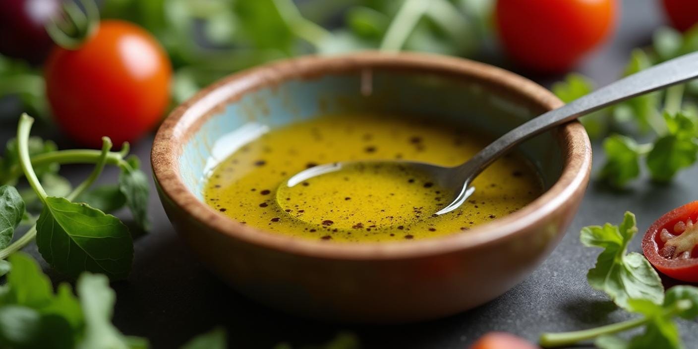 Petit bol de vinaigrette avec une cuillère, entouré de légumes frais