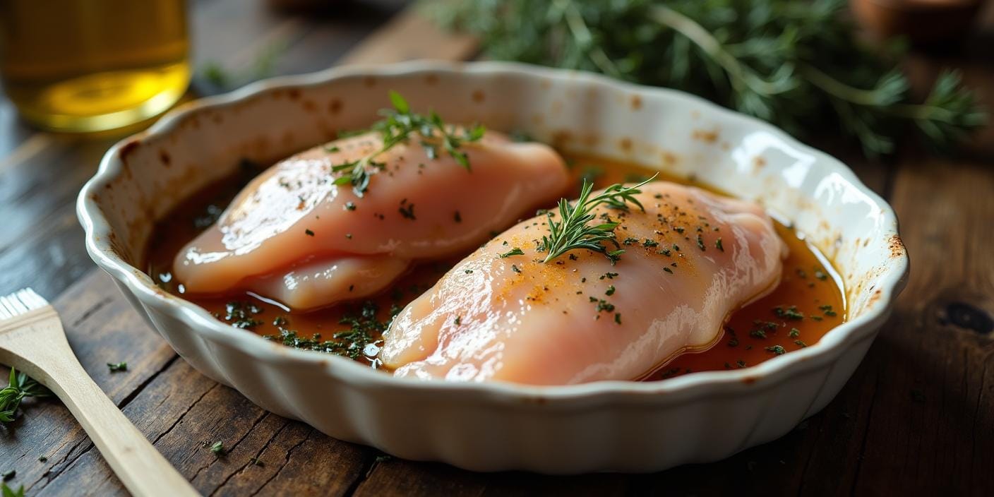 Poulet mariné pret à etre grillé, avec des herbes et de l'huile de nigelle à côté