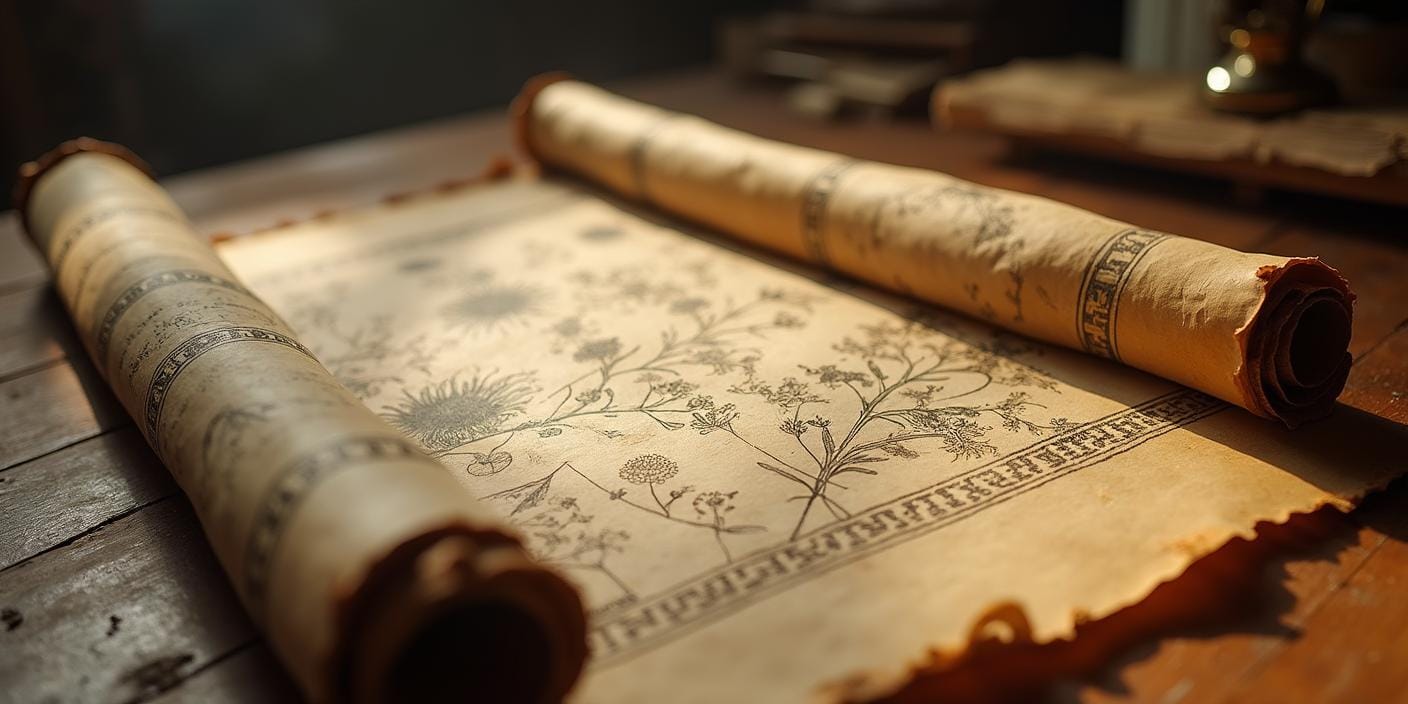 Rouleaux grecs anciens déployés sur une table en bois, avec des écrits et des esquisses de plantes de nigelle