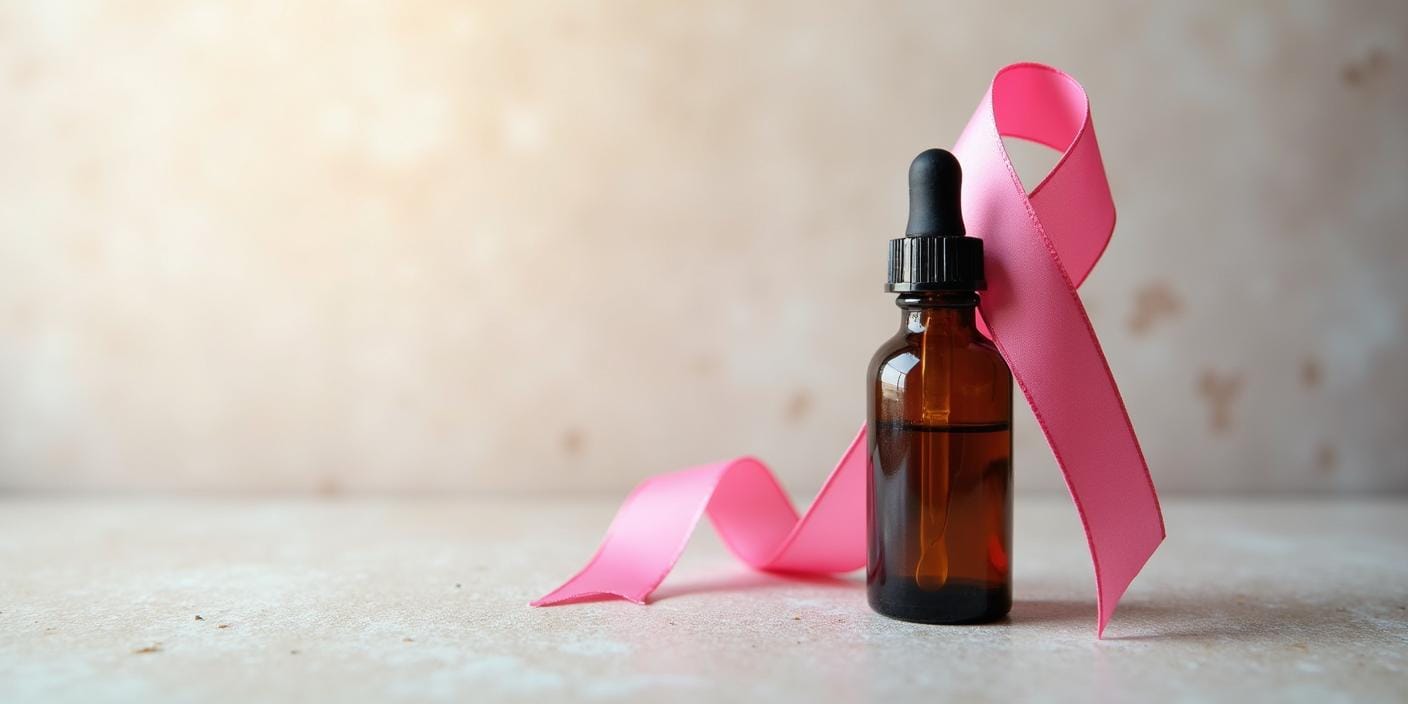 Ruban de soutien contre le cancer avec une bouteille d'huile de nigelle