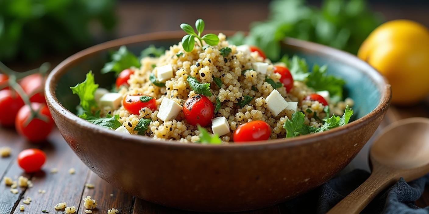 Salade de quinoa colorée arrosée d'huile de nigelle