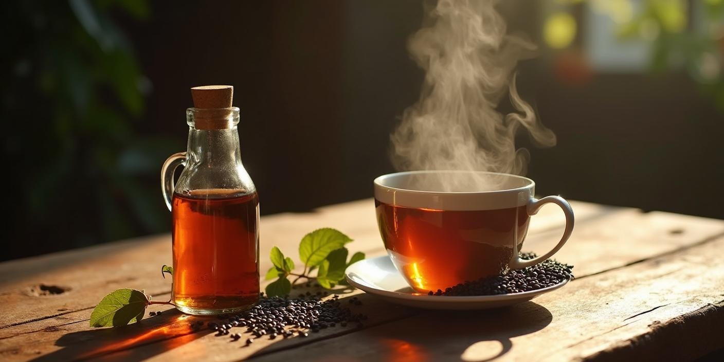 Tasse de tisane à côté d'une bouteille d'huile de nigelle sur une table