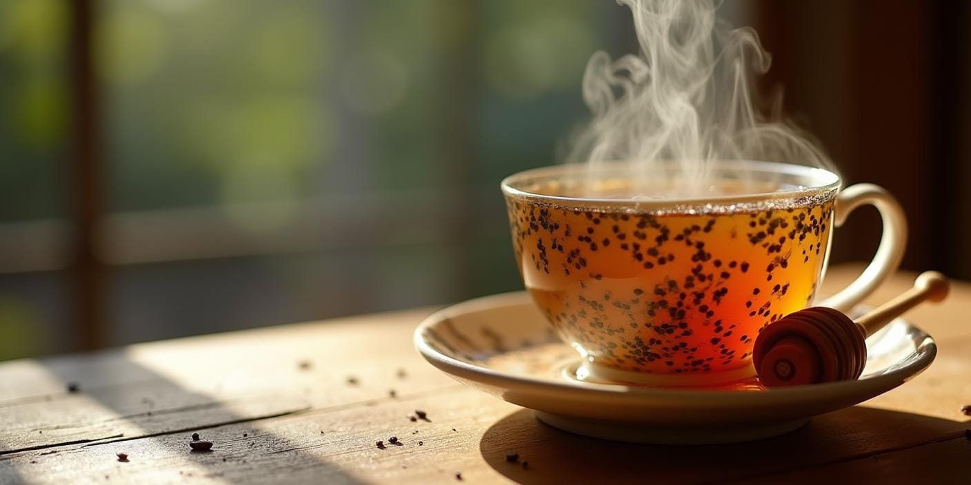 Tasse d'infusion avec de la vapeur, entourée de graines de nigelle et d'une cuillère de miel