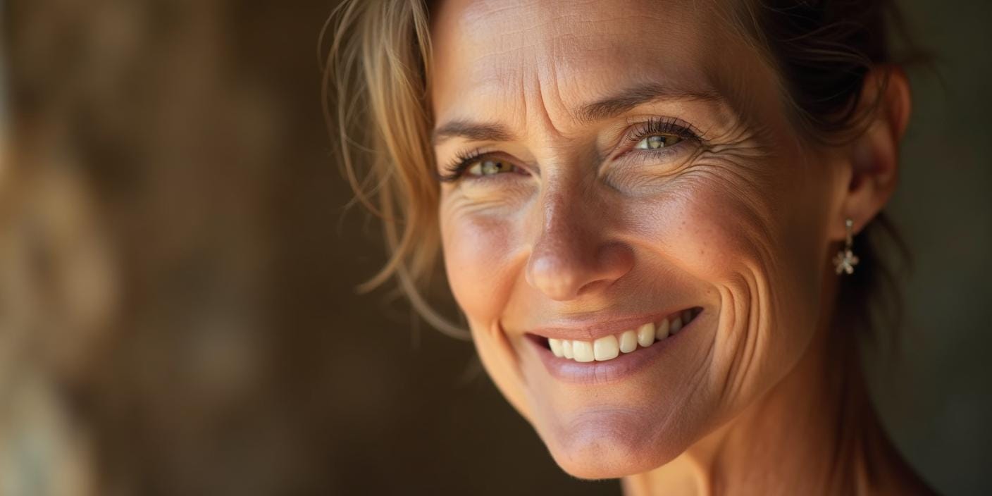 Une femme mature avec une peau lisse et radieuse, souriant sereinement, symbolisant les effets anti-âge de l'huile de nigelle.