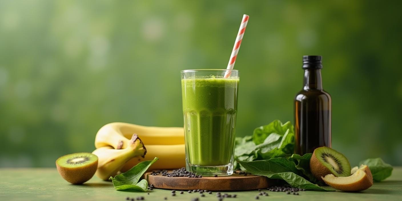 Verre de smoothie vert avec une paille, entouré de fruits frais
