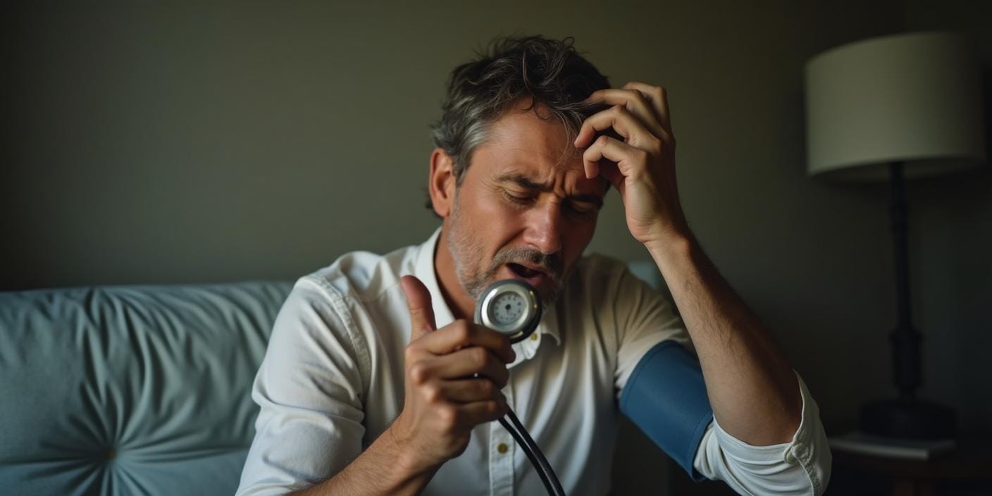 Personne ayant des vertiges, tension artérielle basse indiquée sur un tensiomètre